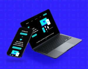 Fundo azul violeta com um MacBook à dirieta levemente inclinado e na tela mostrando o site da WeRepair Assistência Técnica Apple. Na esquerda um iPhone levemente inclinado mostrando a versão mobile do site da WeRepair Assistência Técnica Apple.